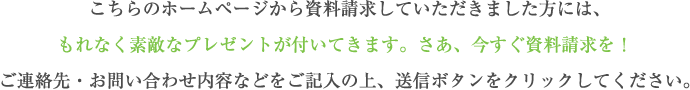 こちらのホームページから資料請求していただきました方には、もれなく素敵なプレゼントが付いてきます。さあ、今すぐ資料請求を！ご連絡先・お問い合わせ内容などをご記入の上、送信ボタンをクリックしてください。